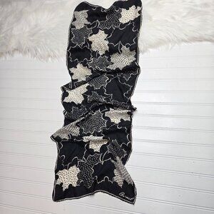 Burmel Vintage Silk Scarf Maple Leaf Black Cream Leaves Fall Canada Hand Rolled